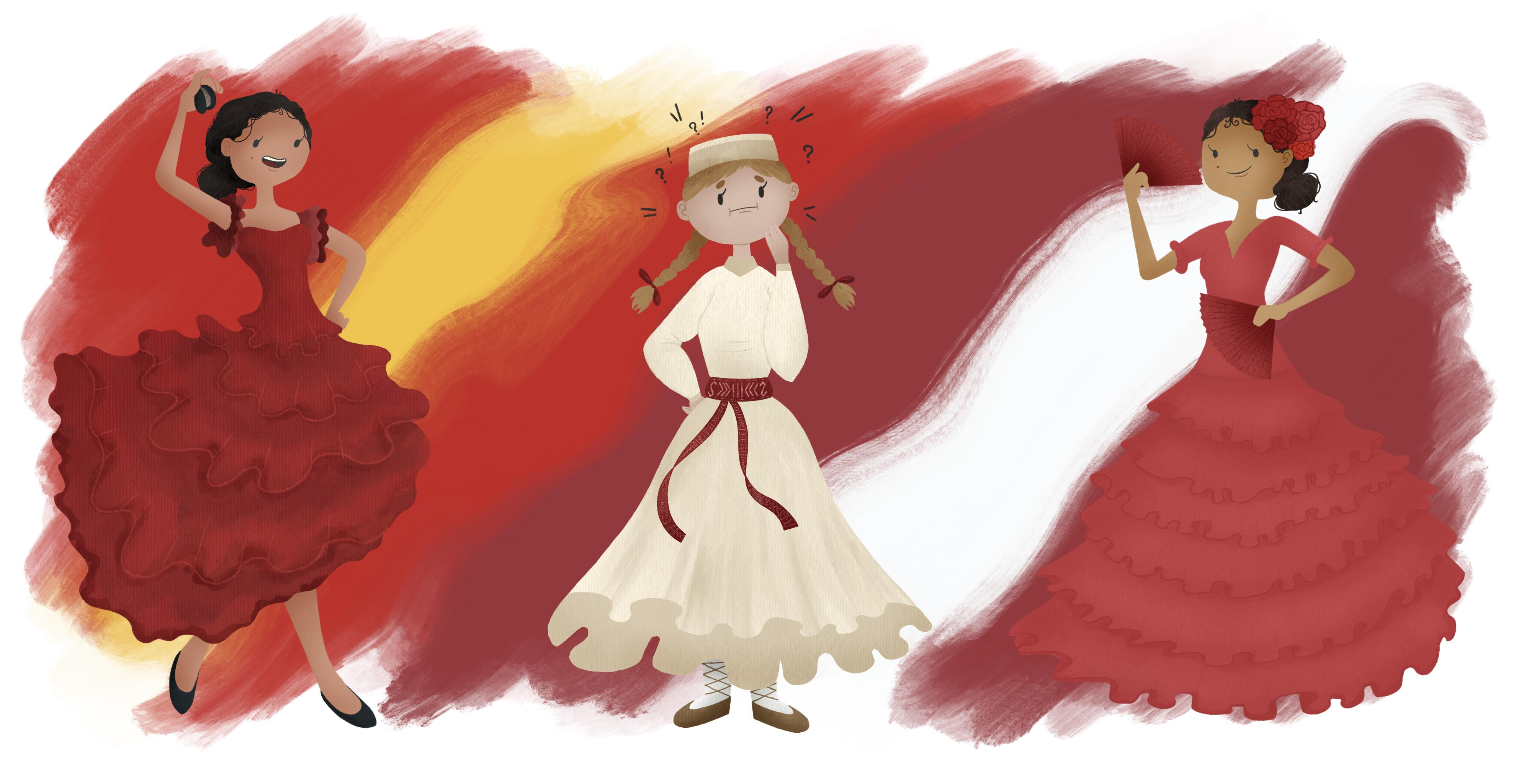 Blog Banner. Two Flamenco Dancers around a Latvian Folk Dancer